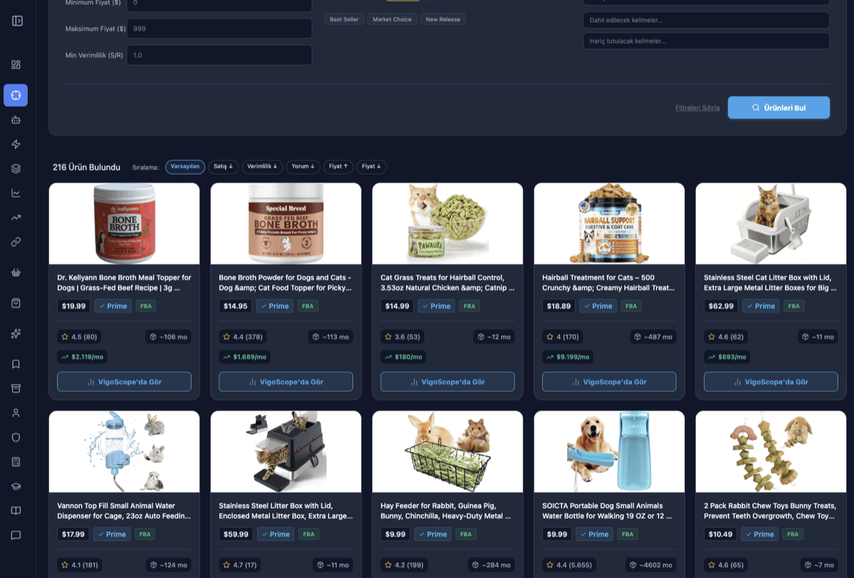 DataVigo pazar araştırması ekranı — filtrelenebilir gerçek ürün sonuçları ve satış/verimlilik göstergeleri